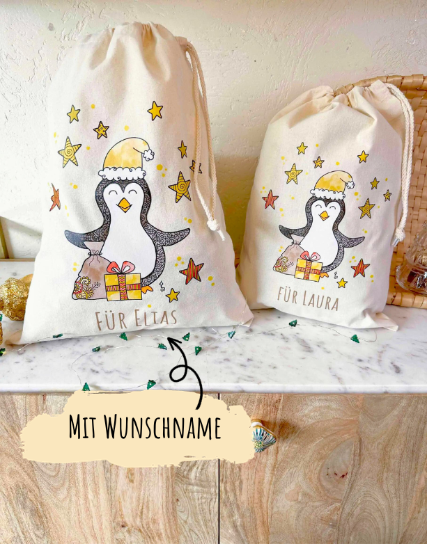 Geschenkbeutel mit Zugband "Pinguin" mit Wunschname-RollinArt